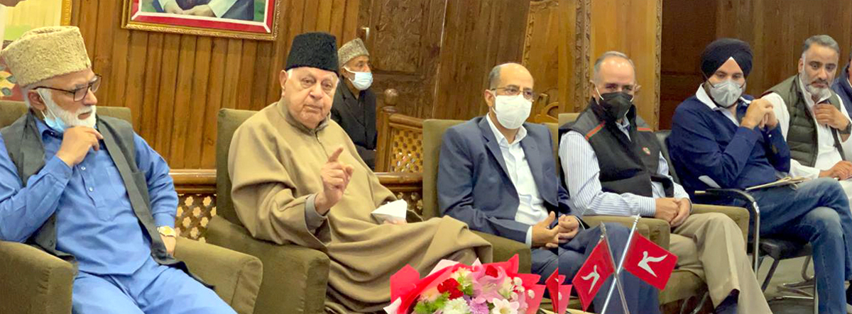 NC president Dr Farooq Abdullah at a party meeting in Srinagar on Thursday. NC president Dr Farooq Abdullah at a party meeting in Srinagar on Thursday.