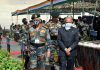 Lt Governor Ladakh R K Mathur flanked by Chief of Army Staff General M M Naravane and Lieutenant General Y K Joshi, GOC-in-C Northern Command and other officers of Fire and Fury Corps during the monumental national flag unfurling in Leh on Saturday. — Excelsior/Morup Stanzin