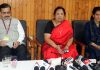 Minister of State for Railways and Textiles Darshana Jardosh addressing a press conference in Srinagar on Saturday. — Excelsior/Shakel