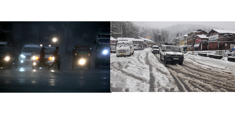 Jammu City witnessing total darkness during mid day (L) and Pahalgam town experiences fresh snowfall (R) on Saturday. -Excelsior pics by Rakesh/Sajjad Dar Jammu City witnessing total darkness during mid day (L) and Pahalgam town experiences fresh snowfall (R) on Saturday. -Excelsior pics by Rakesh/Sajjad Dar