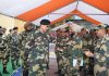 DG BSF Pankaj Singh interacting with jawans in Kashmir on Tuesday.