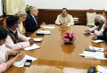 Union Minister Dr Jitendra Singh holding a meeting with the European Union (EU) delegation led by Ambassador Ugo Astuto at North Block, New Delhi on Wednesday.