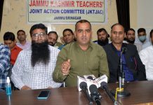 JKTJAC office bearers addressing a press conference at Jammu on Sunday. -Excelsior/Rakesh