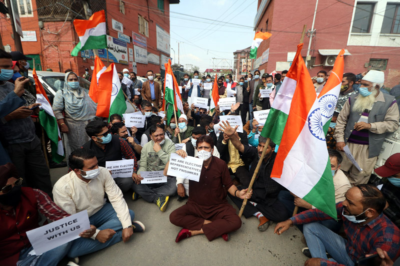 BJP leaders during a protest rally in Srinagar on Tuesday. —Excelsior/Shakeel BJP leaders during a protest rally in Srinagar on Tuesday. —Excelsior/Shakeel
