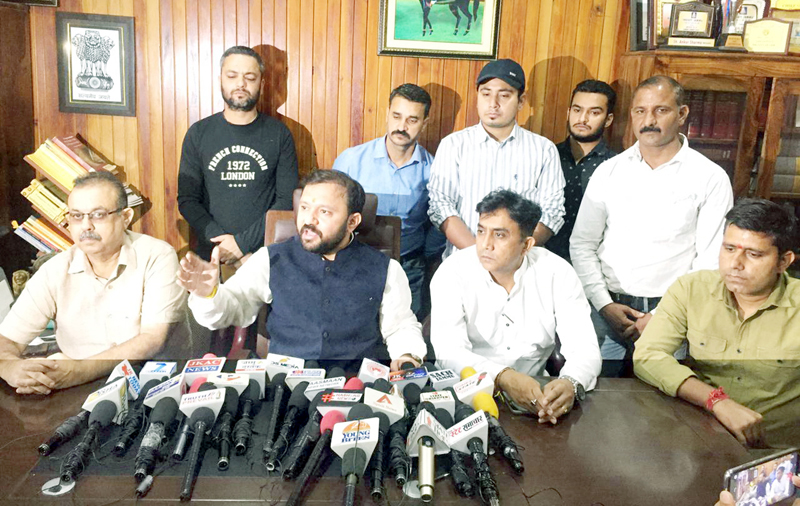 Ikkjutt Jammu president Ankur Sharma addressing a press conference on Monday. Ikkjutt Jammu president Ankur Sharma addressing a press conference on Monday.