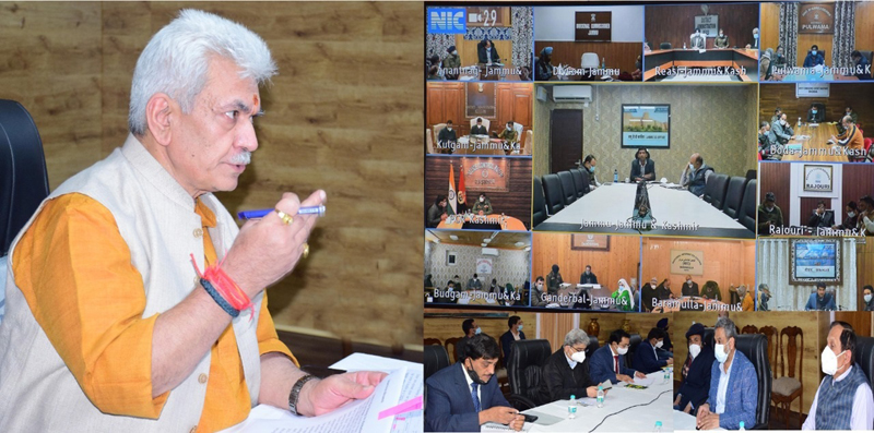 LG Manoj Sinha reviewing COVID-19 situation with Government officers in Jammu on Friday.