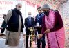 Union Finance Minister Nirmala Sitharaman along with Lt Governor Manoj Sinha lighting a lamp during the inauguration of the new Income Tax Office in Srinagar on Monday. (UNI)