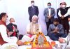 Lt Governor Manoj Sinha laying the foundation stone of pilgrimage house of Shri Amarnath Shrine Board in Jammu on Monday. (UNI)