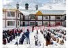 Morning assembly in Higher Secondary School at Drass in Kargil district of Ladakh amid snow accumulation in the school building. Drass is second coldest place in the world. —Excelsior/Basharat Ladakhi