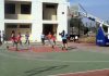 Players in action during a Basketball match at University of Jammu on Monday.