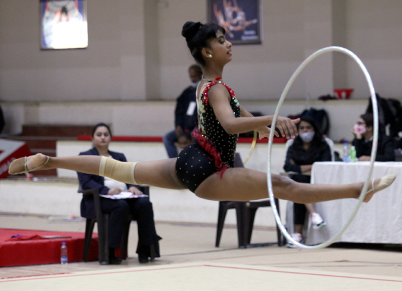 A Gymnast in action during the Gymnastic Championship at MA Stadium on Wednesday. -Excelsior/Rakesh A Gymnast in action during the Gymnastic Championship at MA Stadium on Wednesday. -Excelsior/Rakesh