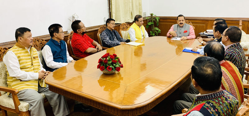Union Minister Dr Jitendra Singh at a meeting with a high-level delegation of Mizoram State BJP Unit at New Delhi, on Thursday.