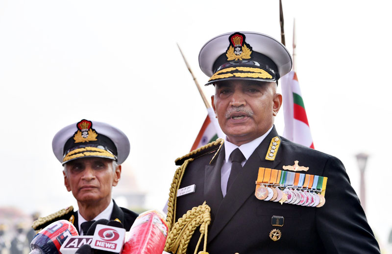 Newly appointed Chief of Naval Staff Admiral R Hari Kumar along with outgoing Naval Chief Admiral Karambir Singh addressing media, at south block in New Delhi on Tuesday. (UNI)