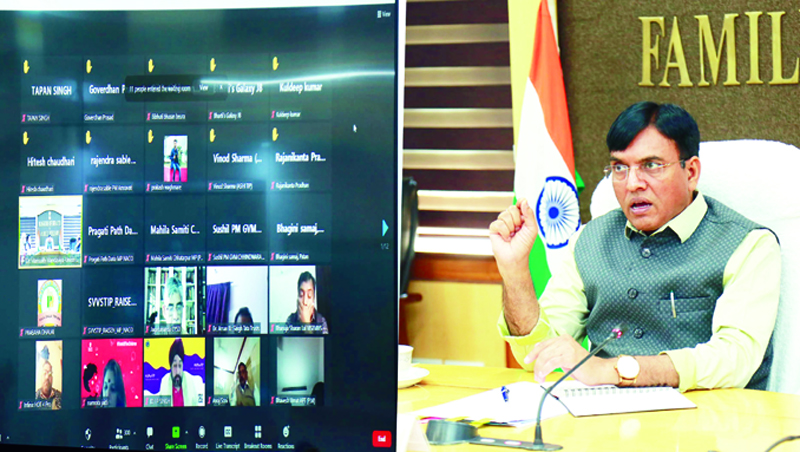 page7-2 Union Minister for Health and Family Welfare, Chemicals and Fertilizers, Mansukh Mandaviya discussing the strengthening the Prime Minister’s ‘Har Ghar Dastak’ campaign with Non-Governmental Organisations, Civil Society Organisations and Development partners, through video conferencing, in New Delhi on Tuesday. (UNI)