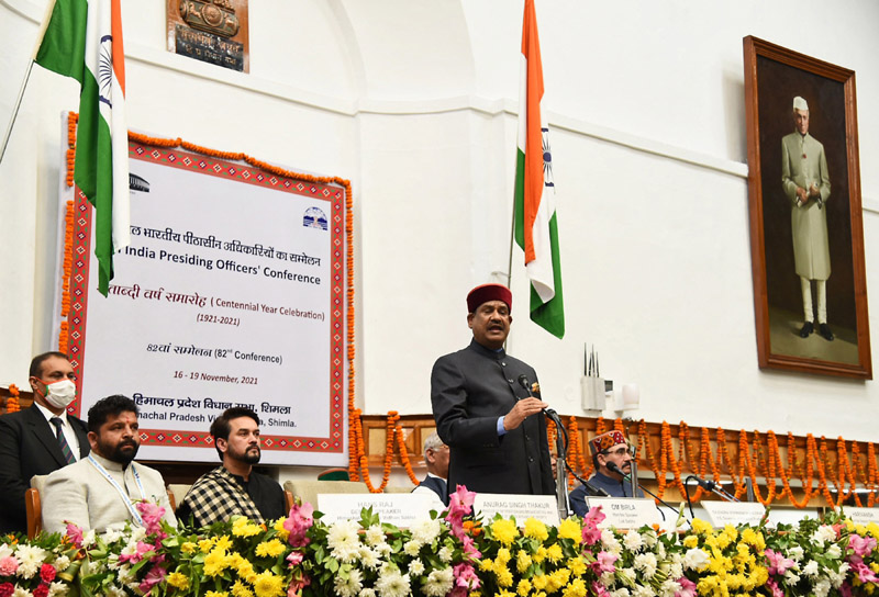 Speaker, Lok Sabha, Om Birla addressing at the 82nd All India Presiding Officers’ Conference, in Shimla, Himachal Pradesh on Thursday. (UNI) Speaker, Lok Sabha, Om Birla addressing at the 82nd All India Presiding Officers’ Conference, in Shimla, Himachal Pradesh on Thursday. (UNI)