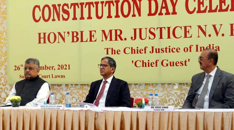Chief Justice of India N V Ramana attending the Constitution Day celebrations organised by the Supreme Court Bar Association on Friday.