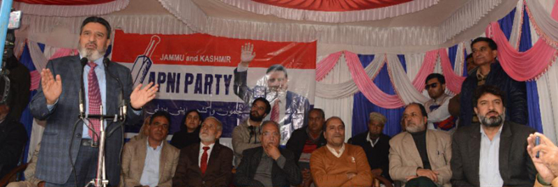 Apni Party president Altaf Bukhari addressing public meeting in Karnah. Apni Party president Altaf Bukhari addressing public meeting in Karnah.