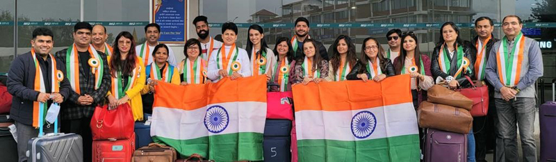 Delegates from India posing with Tricolour at Kathmandu in Nepal. Delegates from India posing with Tricolour at Kathmandu in Nepal.