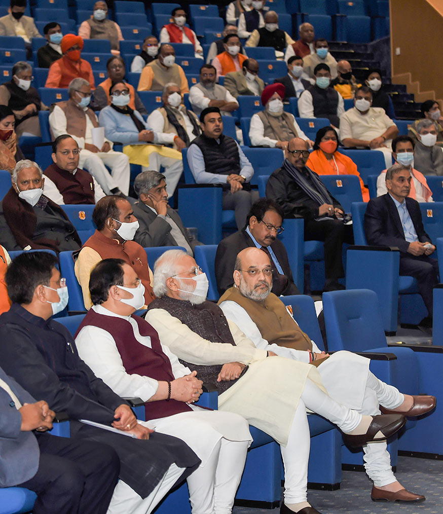 Prime Minister Narendra Modi, Home Minister Amit Shah and BJP President J P Nadda during the BJP Parliamentary Party meeting, at Ambedkar International Centre, in New Delhi.