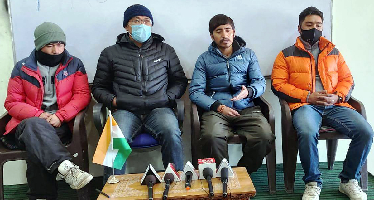 Students’ leaders during a press conference at Leh on Tuesday.