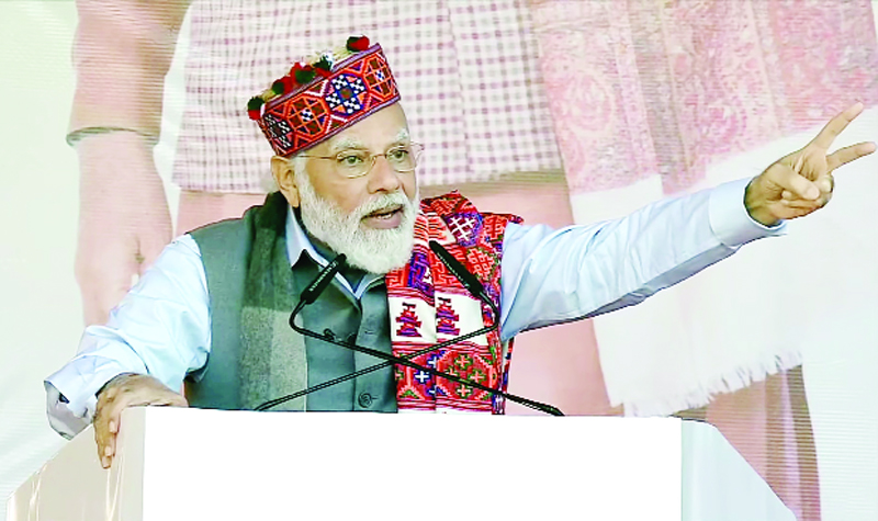 Prime Minister Narendra Modi addressing a rally during launch of various development initiatives of Himachal Pradesh in Mandi on Monday. (UNI) Prime Minister Narendra Modi addressing a rally during launch of various development initiatives of Himachal Pradesh in Mandi on Monday. (UNI)
