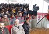 NC president Dr Farooq Abdullah addressing youth convention in Srinagar on Sunday. -Excelsior/Shakeel