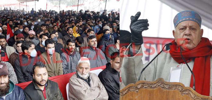 NC president Dr Farooq Abdullah addressing youth convention in Srinagar on Sunday. -Excelsior/Shakeel