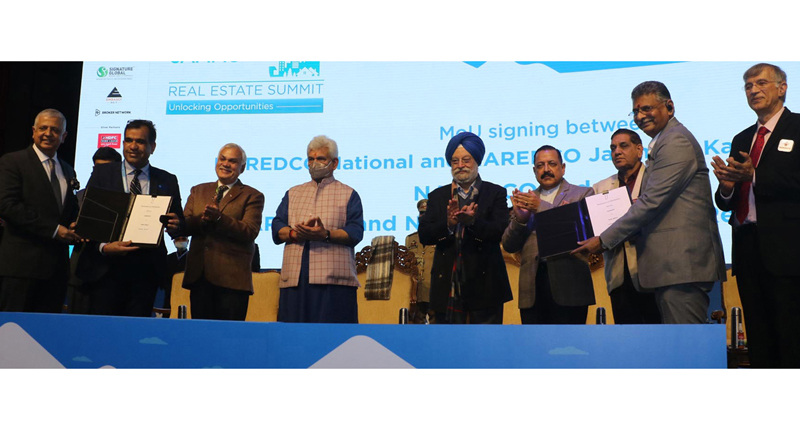 Union Ministers Hardeep Singh Puri and Dr Jitendra Singh, Lieutenant Governor Manoj Sinha and others at Real Estate summit in Jammu on Monday. Union Ministers Hardeep Singh Puri and Dr Jitendra Singh, Lieutenant Governor Manoj Sinha and others at Real Estate summit in Jammu on Monday.