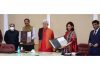 Lieutenant Governor Manoj Sinha, Apollo Executive Vice Chairperson Dr Preetha Reddy and J&K bureaucrats during signing of MoU in Jammu on Tuesday.