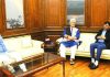 Lieutenant Governor Manoj Sinha with Speaker Om Birla and Health & Family Welfare Minister Mansukh Mandaviya in New Delhi on Friday.