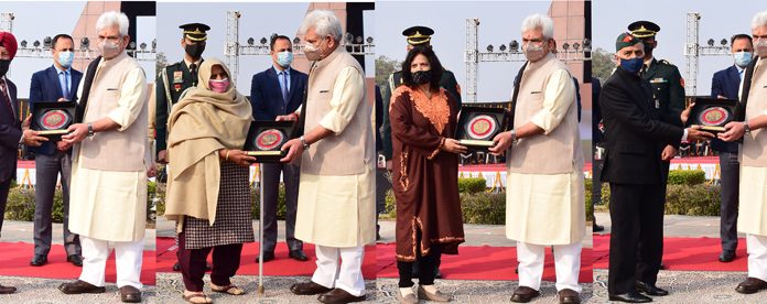 Lieutenant Governor Manoj Sinha honouring soldiers and their kin in Jammu on Thursday.