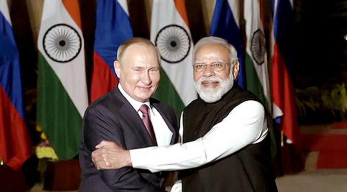 Prime Minister Narendra Modi with Russian President Vladimir Putin in New Delhi on Monday.