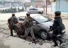 Security forces at Gulshan Chowk in Bandipora where militants shot dead two policemen on Friday.(UNI)