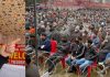 NC vice president Omar Abdullah addressing a public meeting at Khanabal in Anantnag on Sunday.