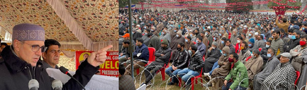 NC vice president Omar Abdullah addressing a public meeting at Khanabal in Anantnag on Sunday. NC vice president Omar Abdullah addressing a public meeting at Khanabal in Anantnag on Sunday.