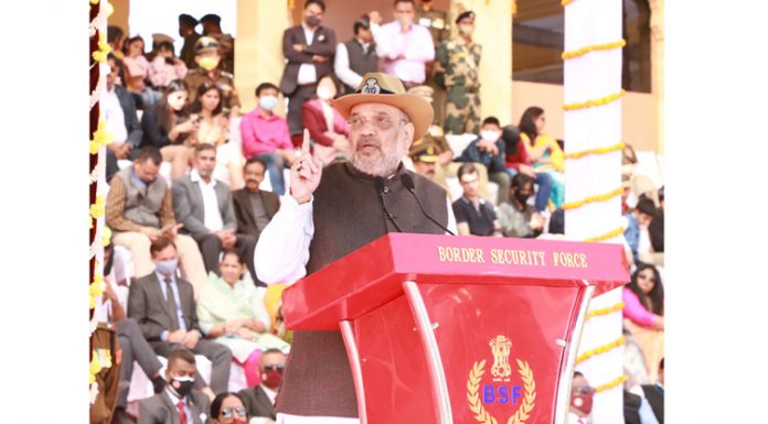 Union Home Minister Amit Shah addressing at the 57th Raising Day celebrations of BSF at Jaisalmer, Rajasthan on Sunday.