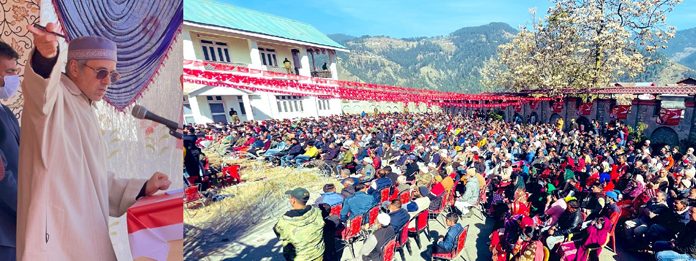 NC leader Omar Abdullah addressing a rally at Bhaderwah on Wednesday.