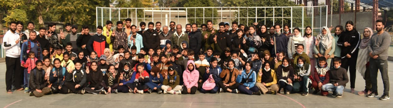Players posing for a group photograph along with members of screening committee of J&K Sports Council at Jammu. Players posing for a group photograph along with members of screening committee of J&K Sports Council at Jammu.