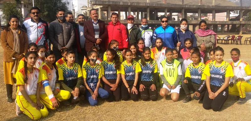 Winners posing for a group photograph along with officials of Youth Services and Sports at Udhampur.