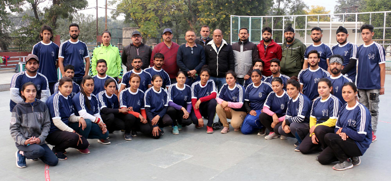 Selected Kabaddi teams' members posing for a group photograph along with dignitaries at Jammu. Selected Kabaddi teams' members posing for a group photograph along with dignitaries at Jammu.