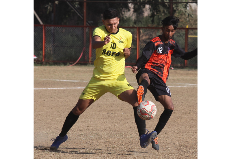 Players in action during a football match at GGM Science College ground Jammu. —Excelsior/Rakesh Players in action during a football match at GGM Science College ground Jammu. —Excelsior/Rakesh