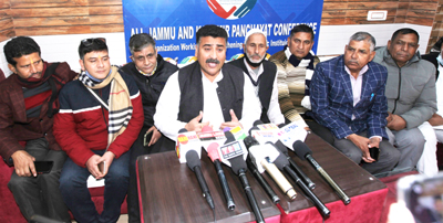 AJKPC president, Anil Sharma talking to media persons in Jammu on Wednesday. —Excelsior/Rakesh