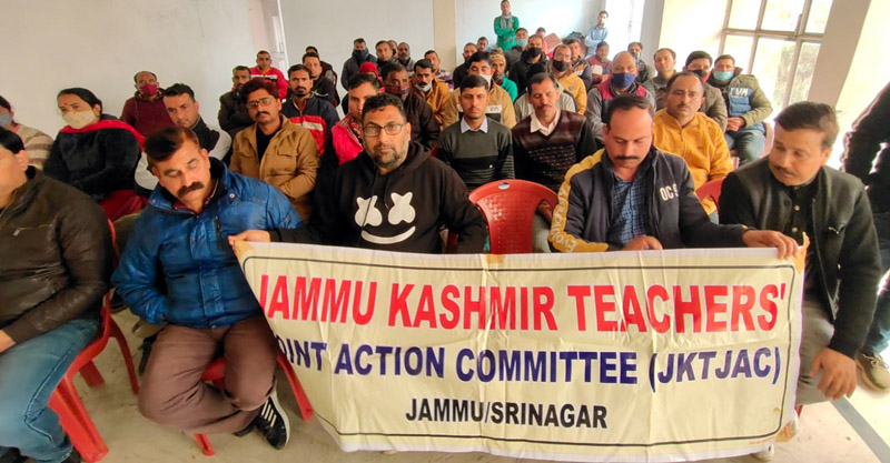 Teachers attending monthly meeting of JKTJAC at Udhampur on Sunday.