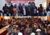 Apni Party president Altaf Bukhari flanked by other leaders addressing party rally at Rajouri on Tuesday.