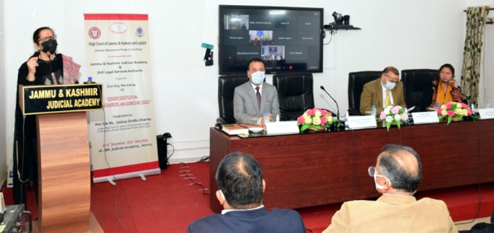 Justice Sindhu Sharma addressing the participants during a workshop at Judicial Academy Complex, Jammu on Saturday.
