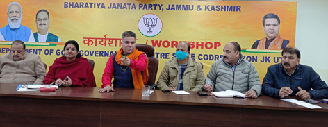 BJP leaders during a meeting at party headquarters at Jammu on Monday.