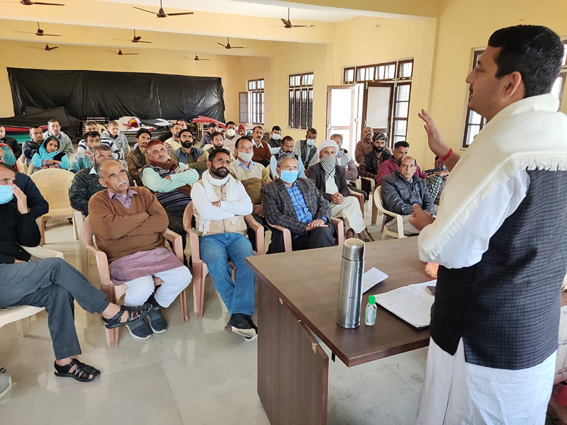 BJP spokesperson, Ranbir Singh Pathania addressing party workers at Battal in Majalta area on Wednesday.