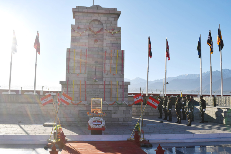 Fire and Fury Crops paying homage at the iconic Leh War Memorial on the occasion of Vijay Diwas on Thursday.