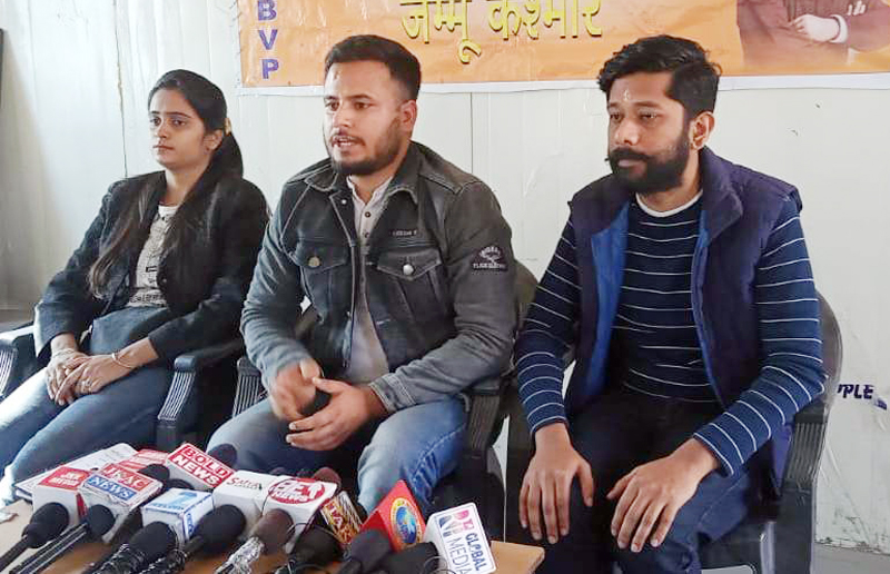 ABVP leaders addressing press conference at Jammu on Thursday. ABVP leaders addressing press conference at Jammu on Thursday.