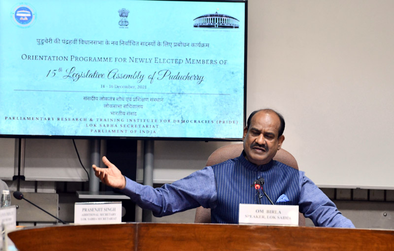 Lok Sabha Speaker Om Birla addtressing newly elected Puducherry MLAs during their orientation programme at Parliament House Library, in New Delhi on Tuesaday. (UNI)